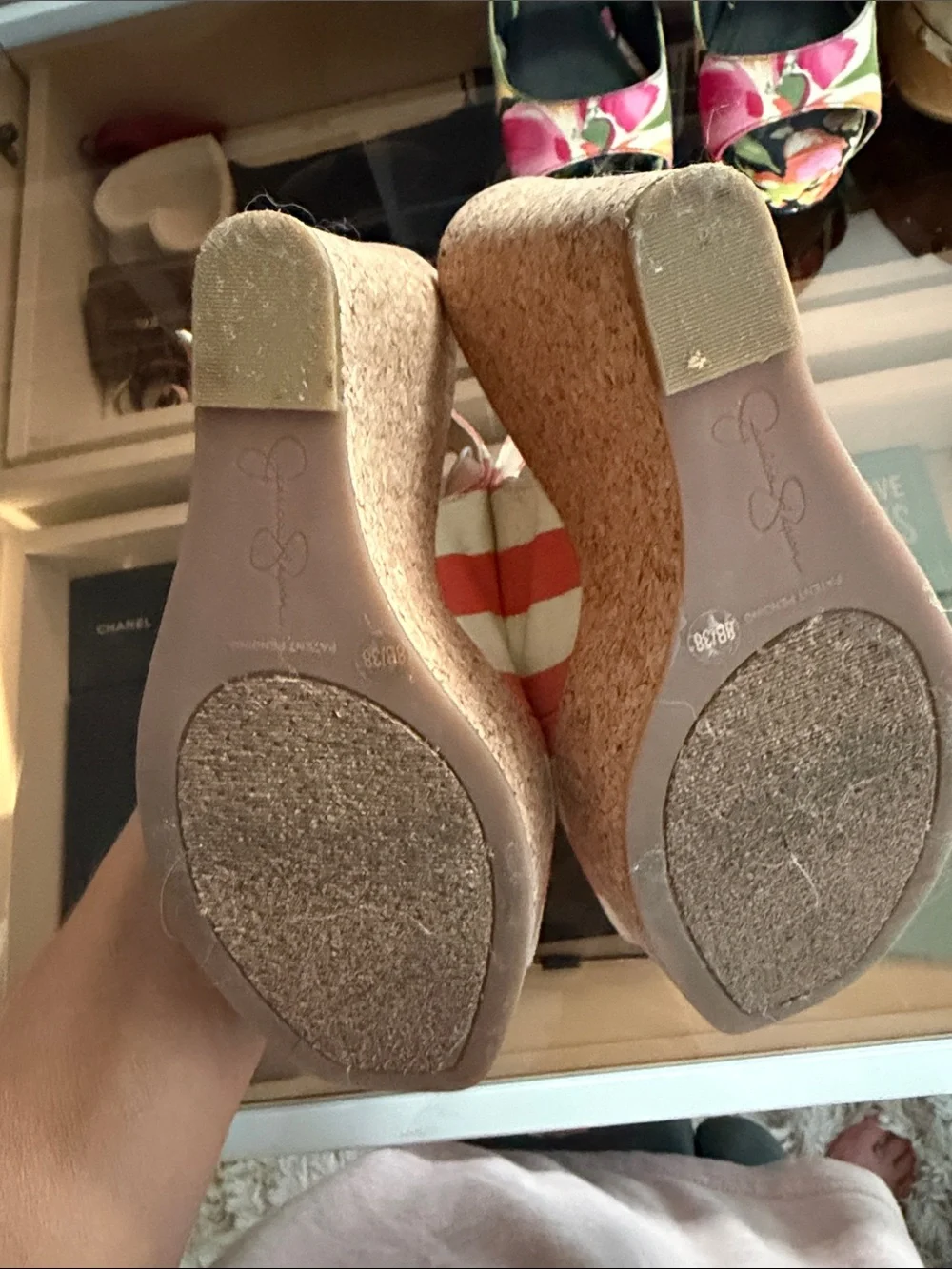 Striped Orange & Cream Cork Wedge Peep-Toe Sandals - 8